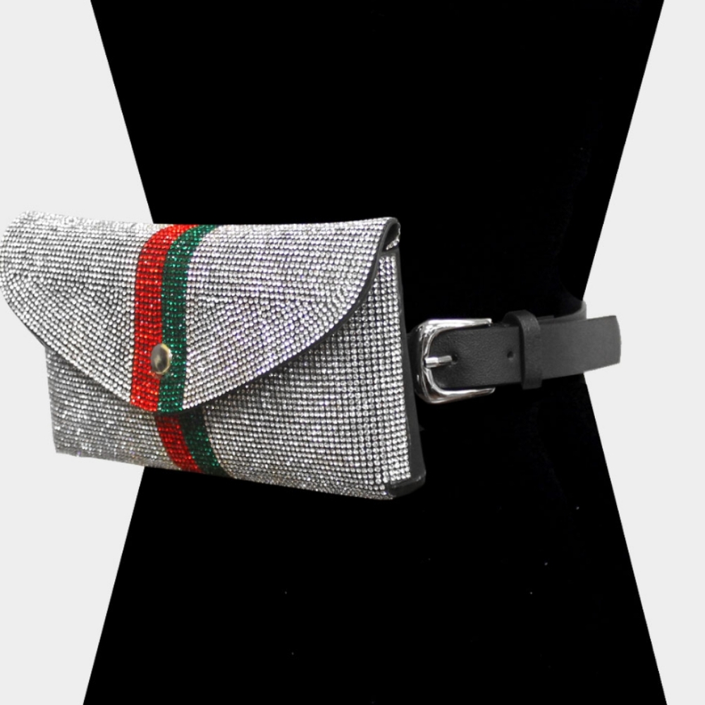 Stylish Silver Belt Bag with Red and Green Accents